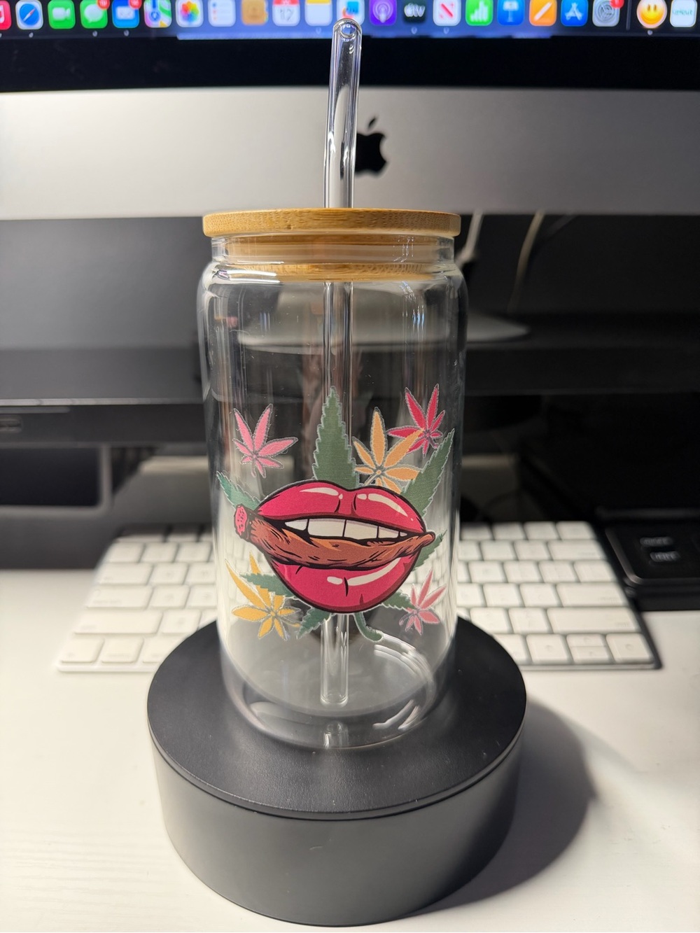 Glass Tumbler with Bamboo Lid and Straw - Lip & Leaf Design